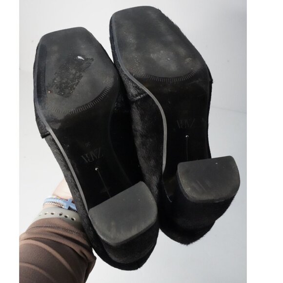 Zara, Hair Fur Curved Block Heel Square Toe Heels, Black - Picture 8 of 10